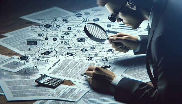 Tips for Faster Debt Consolidation Payoff: UK Strategies | DCL Person scrutinizing loan agreement with magnifying glass, surrounded by documents and calculators, focusing on hidden fees.