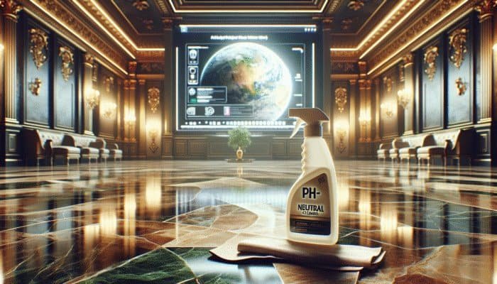 Luxurious room featuring a polished natural stone floor, bottle of pH-neutral cleaner, and cleaning cloth.