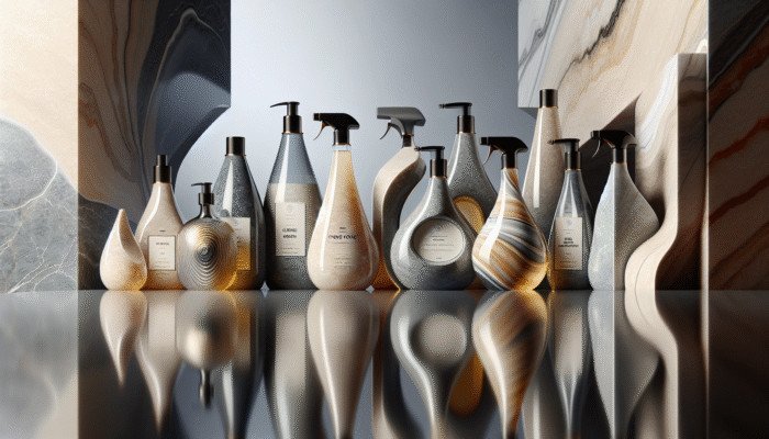 Bottles of high-quality pH-neutral stone floor cleaners from top UK brands displayed on a marble countertop.