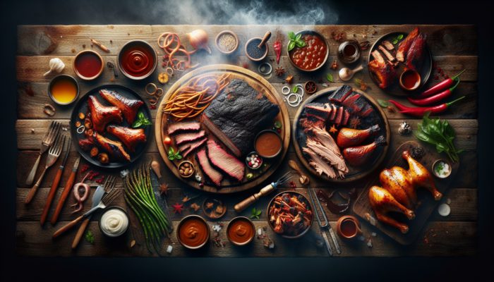 BBQ feast featuring Texas brisket, Carolina pulled pork, and chicken, highlighting the diversity of regional American flavors.