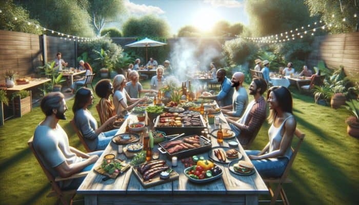A stunning BBQ setup featuring grilled meats, vibrant sides, and friends enjoying a delightful feast in a sunlit backyard.