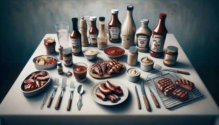 An array of BBQ sauces including Kansas City BBQ sauce in a jar, Alabama white sauce in a bowl, and a custom BBQ sauce in a bottle, accompanied by grilling tools and meats.