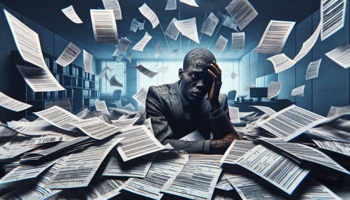 Debt Consolidation Loan Default Consequences: A distressed person amidst overdue bills and legal notices in a gloomy financial office, illustrating loan default consequences.