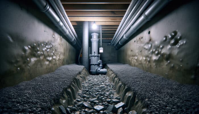 Crawl space equipped with a sump pump, French drain, and interior drainage pipes designed for effective water removal.
