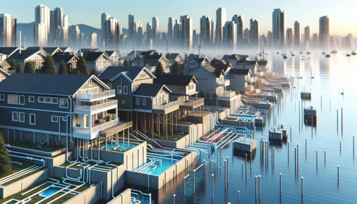Urban landscape of the West End neighborhood featuring elevated homes with integrated drainage systems near English Bay, designed to prevent flooding.