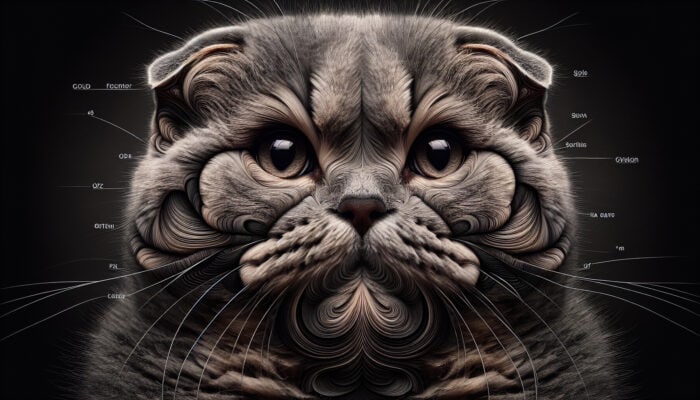 Scottish Fold Ear Maintenance: Close-up of a Scottish Fold cat's unique folded ears, showcasing thick, flexible cartilage and wide base.