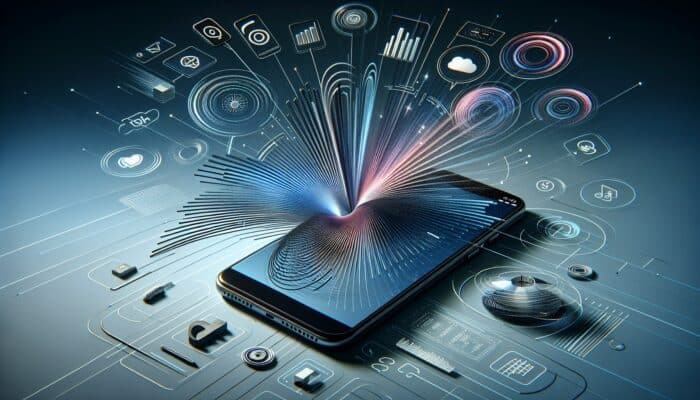 Smartphone displaying a responsive, fast-loading website, surrounded by various screen sizes and navigation icons, emphasizing mobile optimization for voice search.