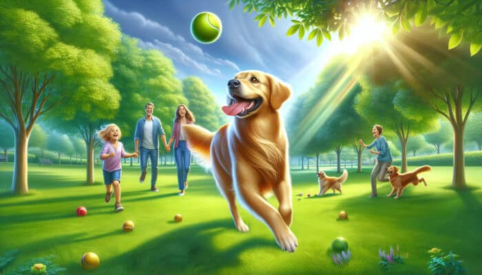 A Golden Retriever playing fetch in a park with a family, showing its friendly and energetic nature.