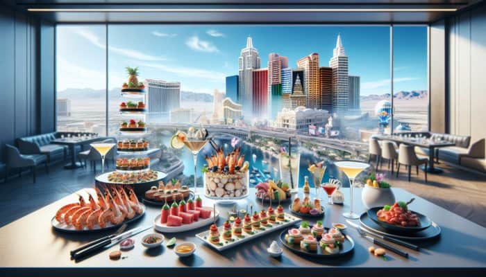 An extravagant dining spread in Las Vegas featuring seafood towers, Wagyu beef sliders, a lavish buffet, spicy tuna tartare, and elegant cocktails.