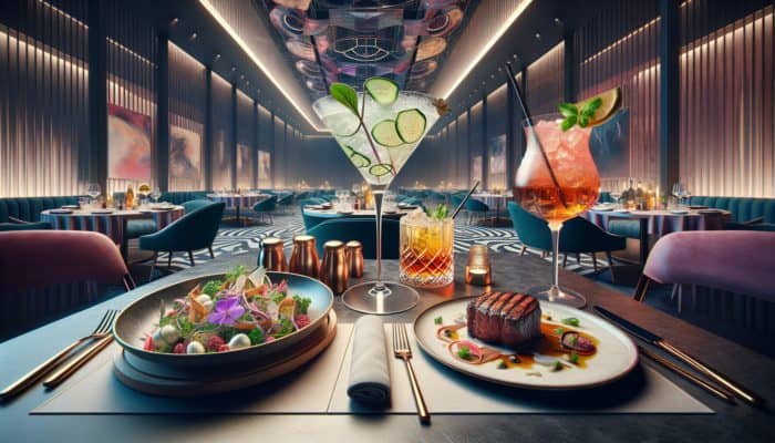 A picturesque Las Vegas dining setup featuring Cucumber Gin Fizz and light salad, Bourbon Smash and steak, illustrating flavor pairing.