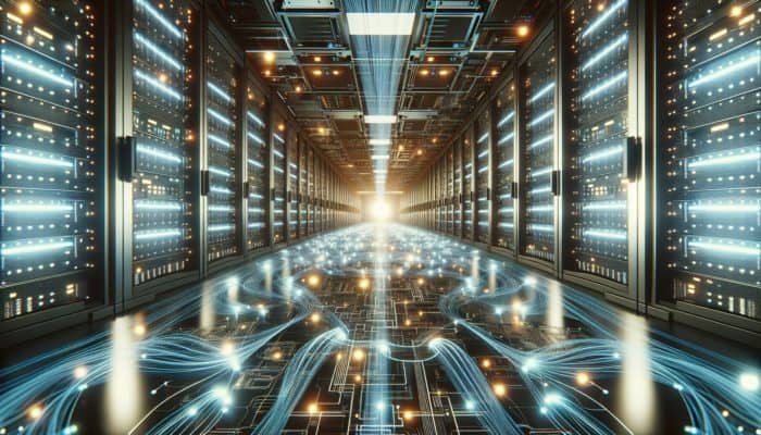 A modern server room with glowing caches enhancing data speed through dynamic light streams.