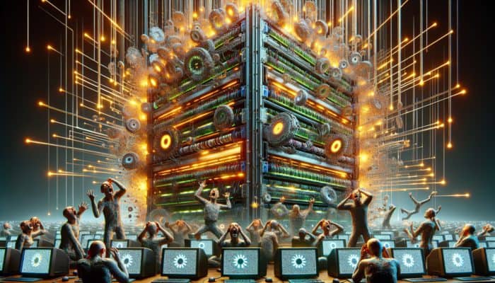 An overwhelmed server displaying outdated content, with frustrated users encountering old information, highlighting the need for effective caching.