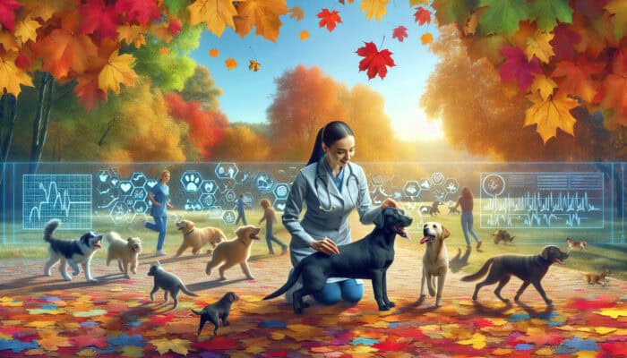 Pets playing in autumn leaves with veterinary check and health icons.