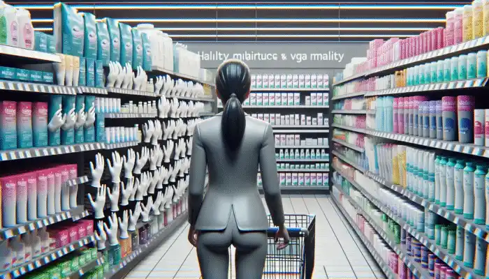 A shopper examining various sizes and brands of nitrile gloves in a supermarket aisle.