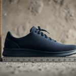 A navy blue athletic shoe is positioned next to a vertical ruler.