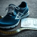 A blue athletic shoe with white laces is placed next to a measuring tape on a carpeted floor.