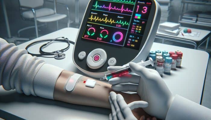 A medical professional drawing blood from a patient's arm, with a glucometer showing glucose levels in a clinic.