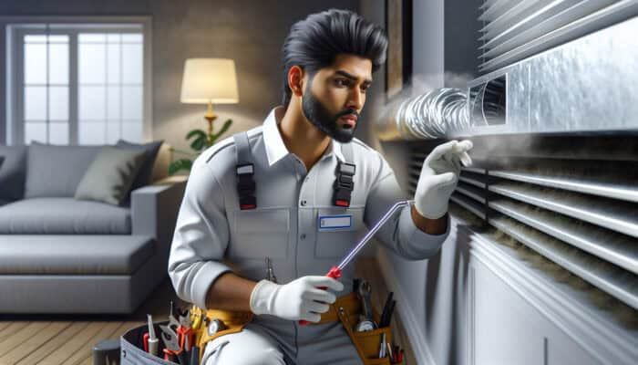 A technician performing a thorough cleaning of dusty air ducts with specialized tools in a modern home.