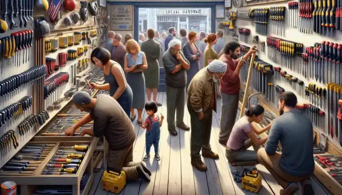 Diverse customers browsing rigger gloves at Exeter Tool & Hardware in Exeter.