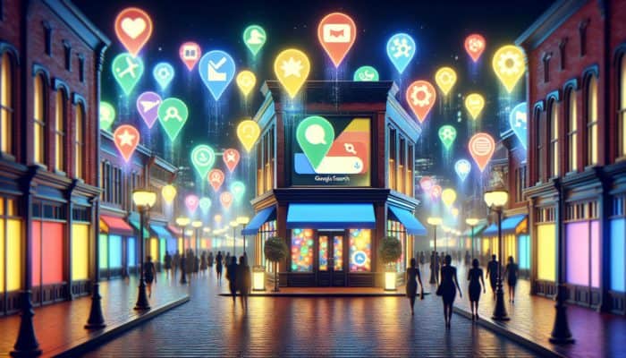 Local SEO in Taunton for Small Businesses: A busy city street with storefronts showing Google My Business profiles, local search keywords, and review bubbles.