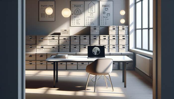 Individual using a laptop at a desk in a minimalist UK home, surrounded by neatly organized boxes, illuminated by soft natural light.