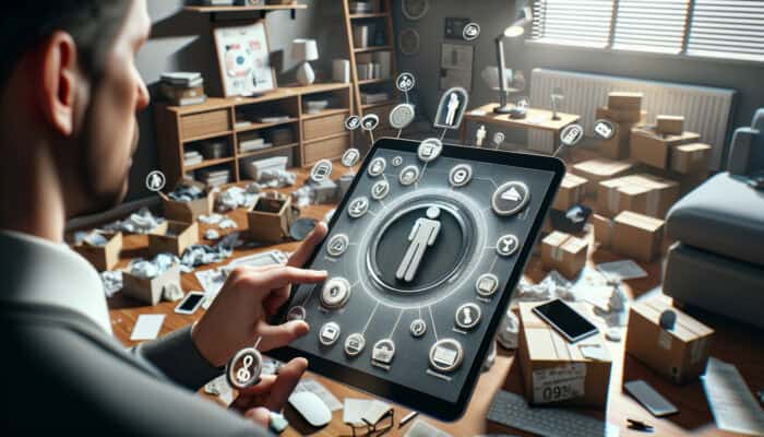 Individual using a tablet to manage home inventory and conduct a video call, listing items for sale in a cluttered home.