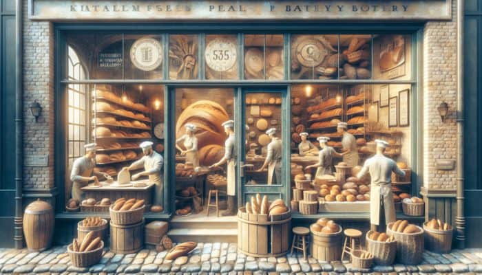 A vibrant Plymouth bakery displaying fresh bread and signs promoting local SEO visibility.