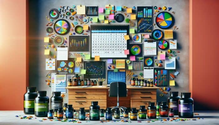 A desk with a calendar, sticky notes, and supplement bottles, representing strategic content planning in the supplement industry.