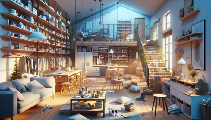 Cozy home interior with organized, clutter-free rooms, bathed in warm holiday light.