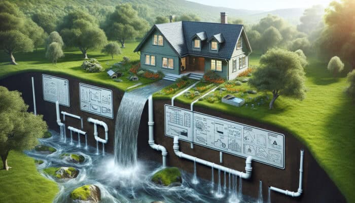 Downspout Drainage Services in Surrey: Illustration of a home with an effective downspout drainage system directing water away from the foundation, preserving landscaping.