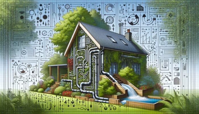 Diagram of a modern downspout drainage system with expert annotations, Surrey home background.