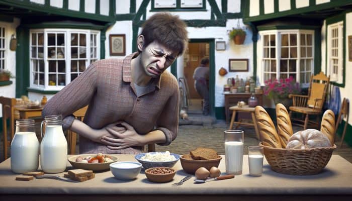Food Intolerance Blood Test in Aldershot: Individual experiencing bloating and pain at a table with dairy, gluten, nuts, in a UK kitchen, looking uncomfortable and confused.