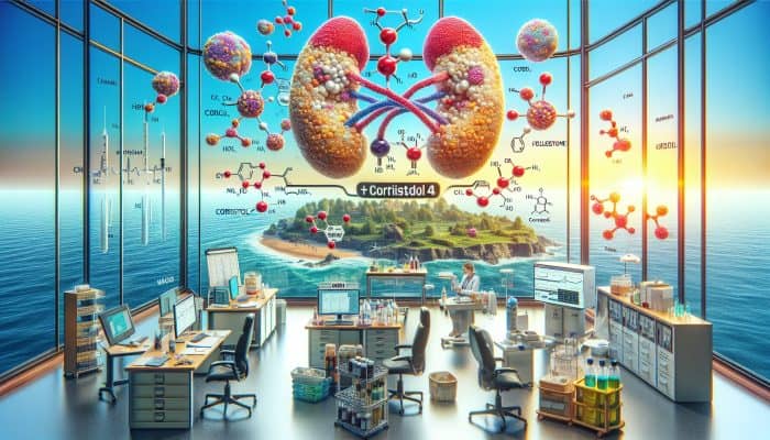 Cortisol Blood Test in Folkestone: An image depicting a cortisol blood test in a Folkestone clinic, illustrating adrenal glands and cortisol molecules, alongside conditions like Addison's and Cushing's.