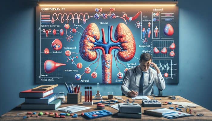 Visual representation of cortisol blood test results analysis with graphs illustrating normal, elevated, and low levels, adrenal glands, and symptoms like fatigue and mood disturbances.