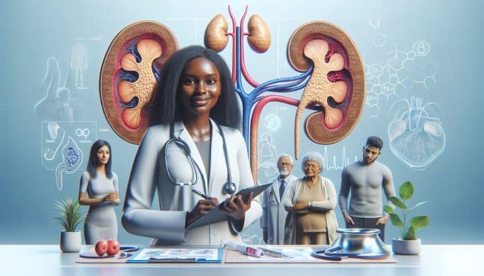 Illustration portraying cortisol testing in a modern healthcare environment with diverse patients and Folkestone medical professionals.
