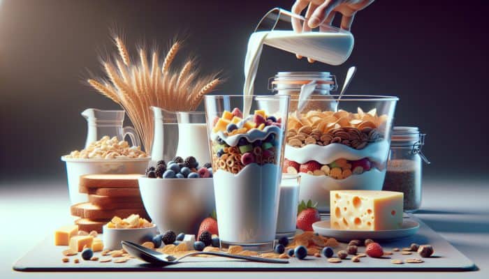 A balanced breakfast with milk, yogurt parfait, cheese on toast, and plant-based dairy options.