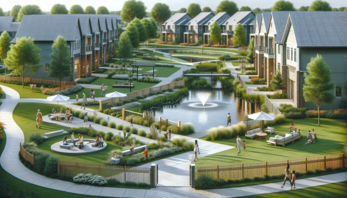 Affordable modern homes in a serene gated community with parks and communal areas for first-time buyers.