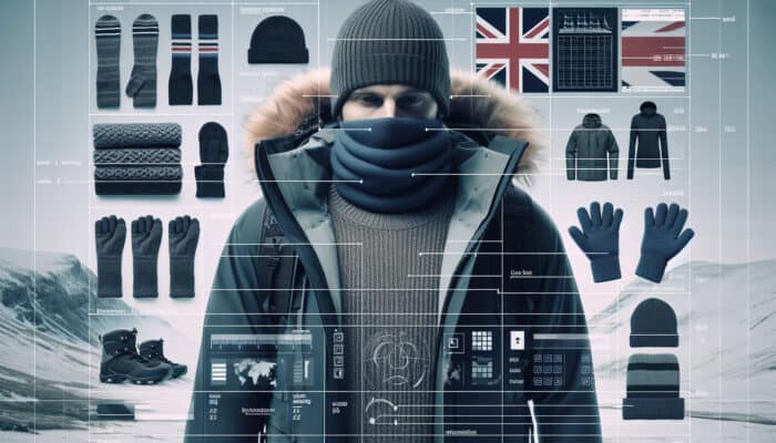 Individual dressed for winter in the UK: layered with moisture-wicking base, fleece, waterproof jacket, thermal socks, and gloves.
