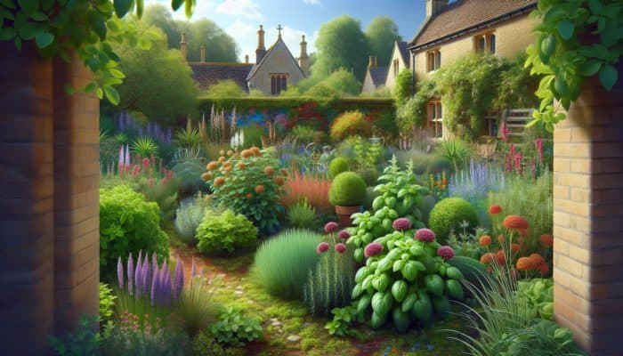 Guide to Choosing Herbs for Beginners: A vibrant UK garden featuring basil, rosemary, thyme, chives, mint, parsley, sage, and oregano plants.