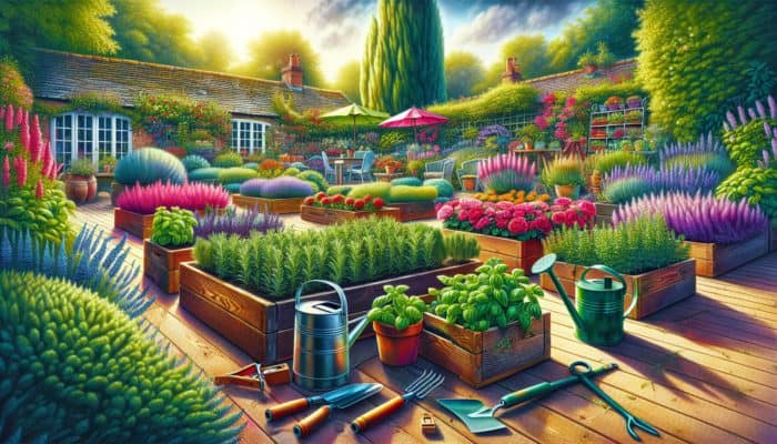A vibrant UK garden showcasing rosemary, basil, and mint beds, surrounded by gardening tools in a sunlit environment.