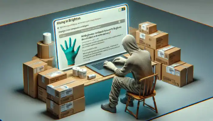Person in Brighton using laptop to compare and purchase nitrile gloves online for home delivery.