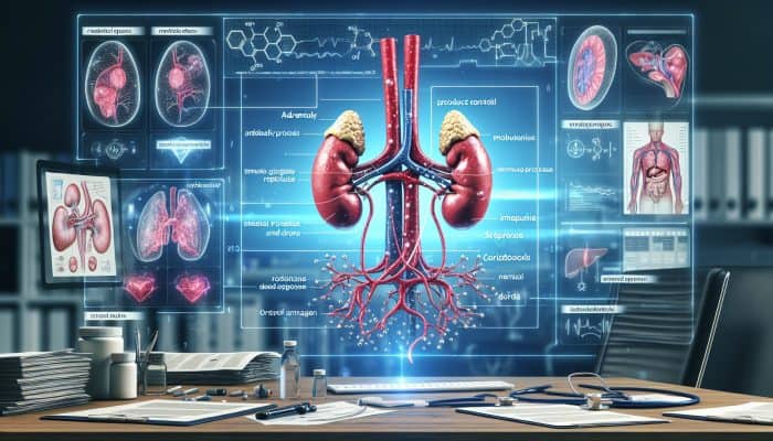 Cortisol Blood Test in Bury: Visual representation of cortisol blood testing illustrating adrenal glands, metabolism, immune response, and stress management within a clinical context.
