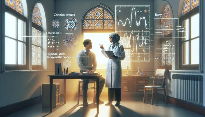 A doctor in Bury reviews cortisol test results using a graph, with morning sunlight illuminating the room.