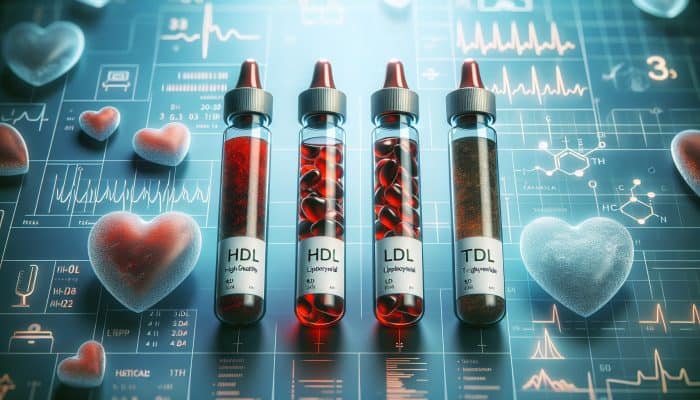 Cholesterol Blood Test in Eccles: An illustration of cholesterol test vials marked HDL, LDL, and triglycerides, accompanied by a heart symbolizing heart health.