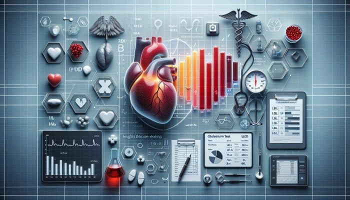A cholesterol test report displaying LDL, HDL, and triglyceride graphs, along with heart and medical symbols emphasizing health insights.