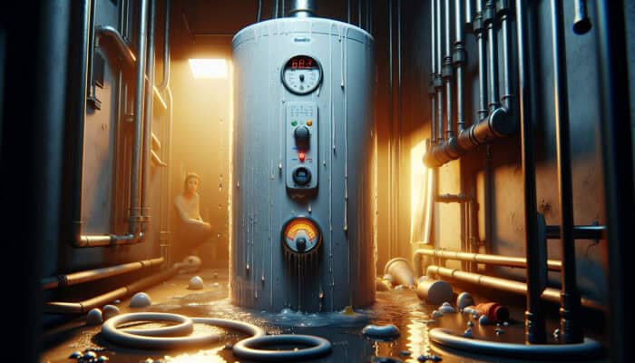 A malfunctioning water heater exhibiting leaks, sediment, and fluctuating gauges in a dimly lit utility room; a concerned homeowner nearby.