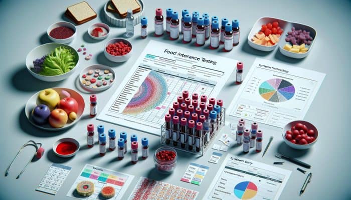 Food Intolerance Test in Heywood: A medical setup featuring blood vials, dietary charts, and a symptom diary for food intolerance testing.