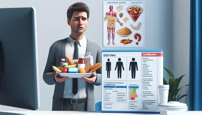 A person experiencing digestive issues and fatigue, confused, holding gluten and dairy foods, near a food intolerance test kit in a clinic.
