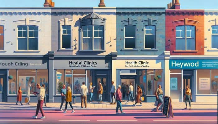 A bustling street in Heywood displaying signs for clinics that provide food intolerance testing, with people coming and going.