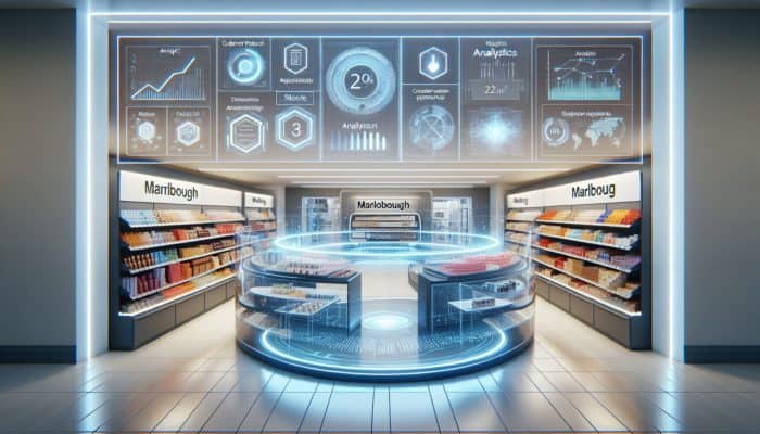 A dynamic Marlborough store showcasing a diverse range of products and a floating digital platform displaying analytics.